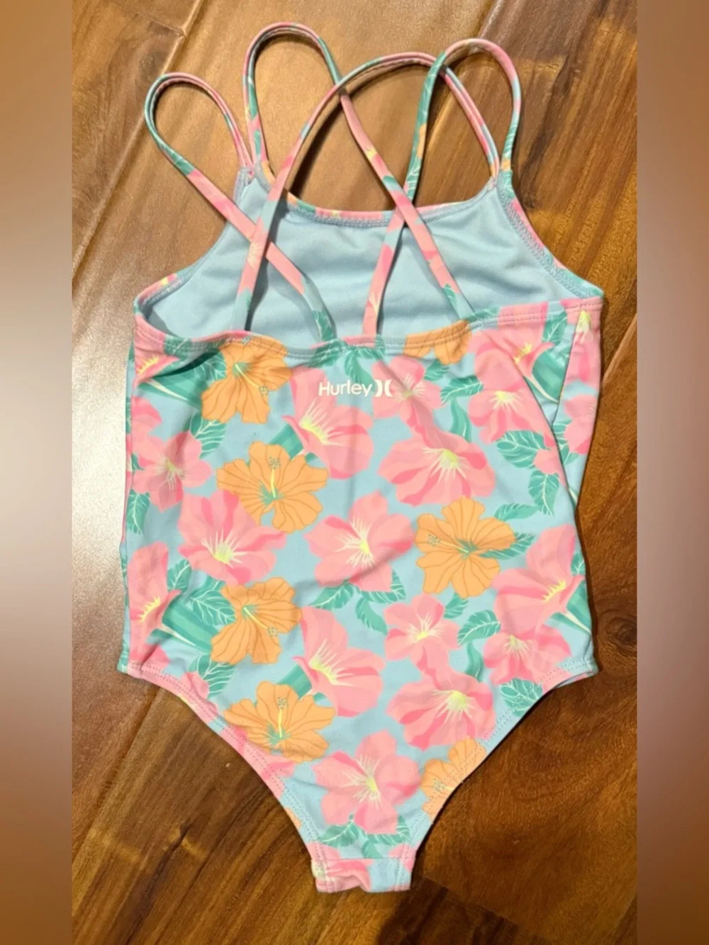 Hurley Girls Floral One-Piece Swimsuit - Blue, Pink & Orange - Picture 4 of 7